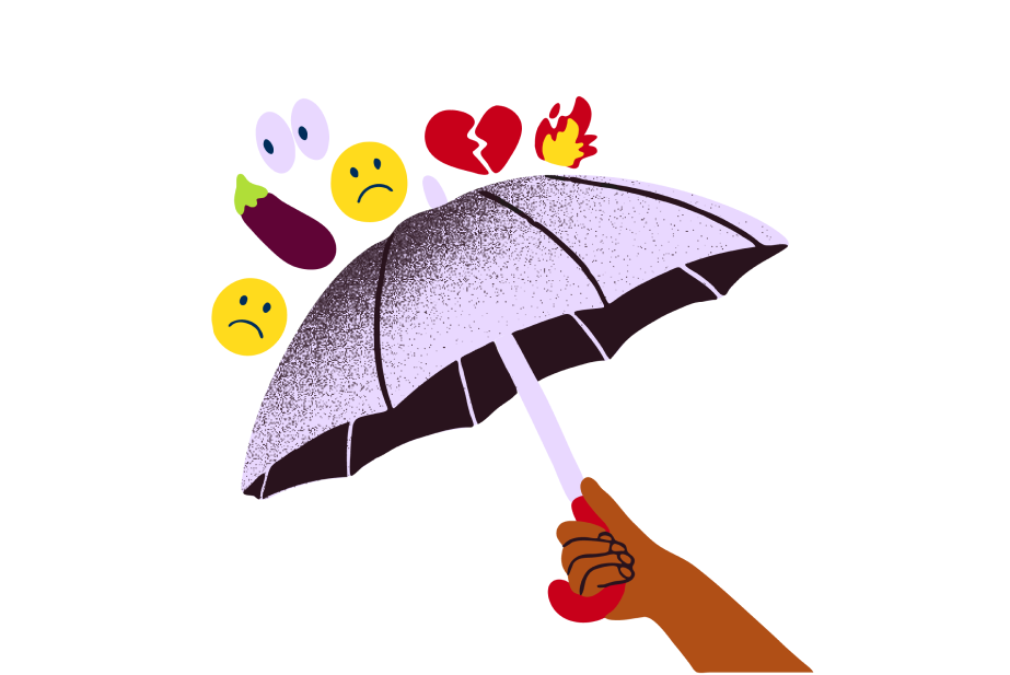 Illustration af en paraply, der holdes op for at beskytte mod negative emojis